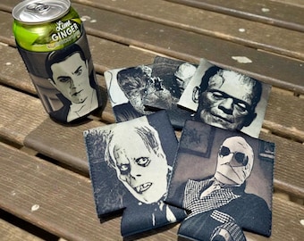 Classic Horror Monster Koozie Set of 6, Neoprene Can Cooler, Halloween Drink Sleeves, Vintage Monster Gift, Spooky Barware Set