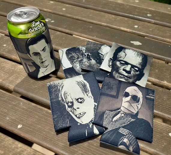 Classic Horror Monster Koozie Set of 6, Neoprene Can Cooler, Halloween Drink Sleeves, Vintage Monster Gift, Spooky Barware Set