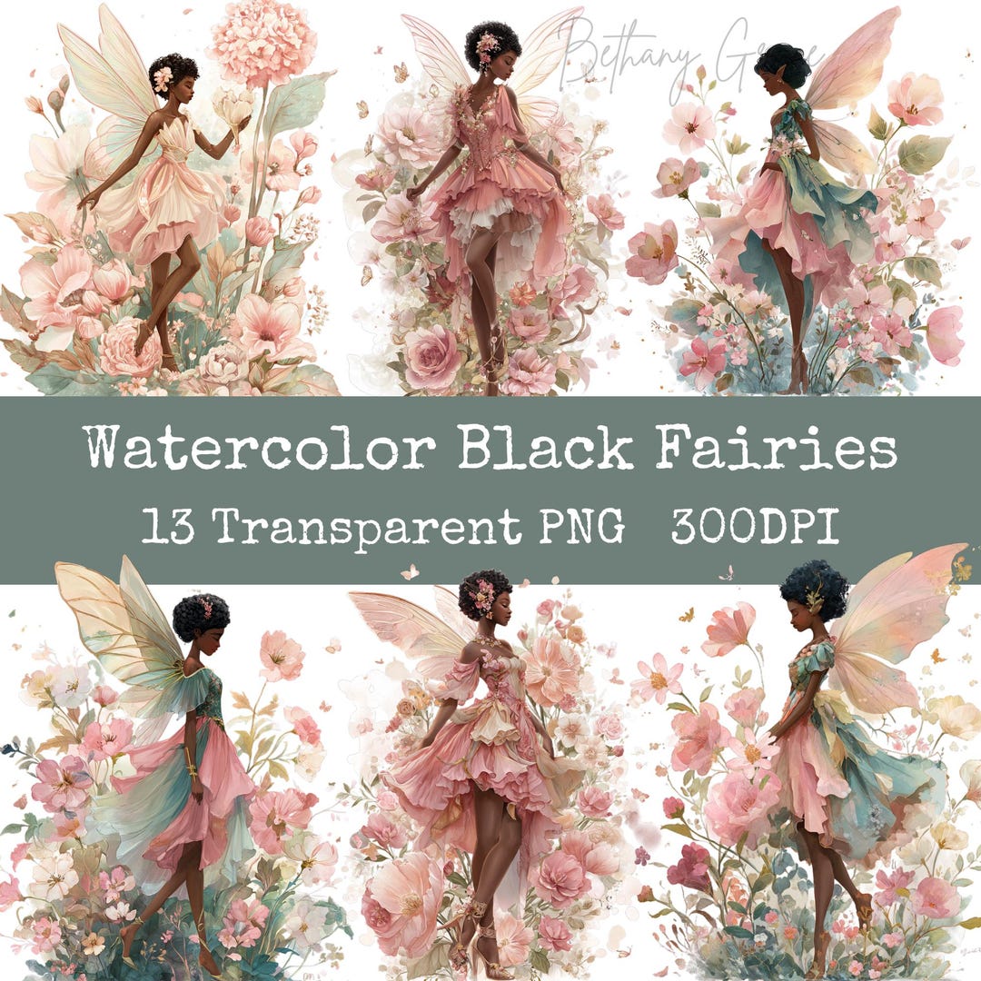Watercolor Black Fairy Clipart Pack Set African American Fairies PNG ...