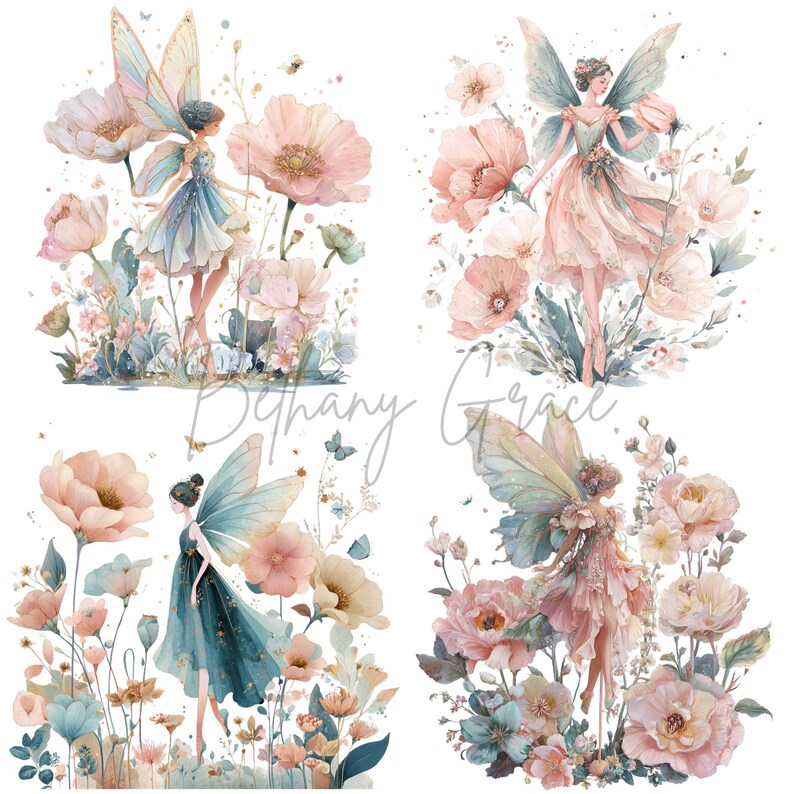 Watercolor Pastel Fairy Clipart Pack Set Floral Flowery Fairies PNG ...
