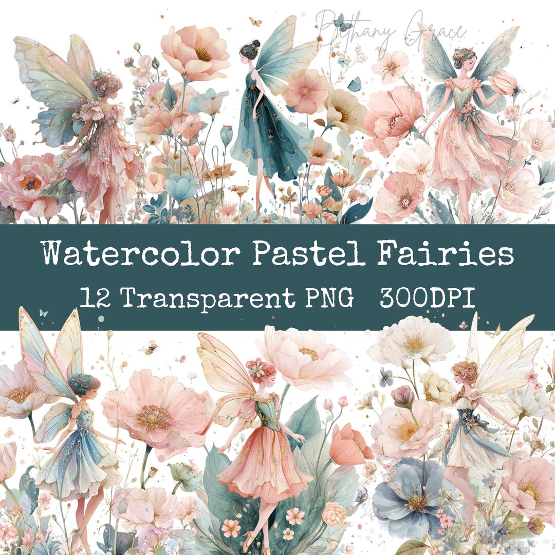 Watercolor Pastel Fairy Clipart Pack Set Floral Flowery Fairies PNG ...