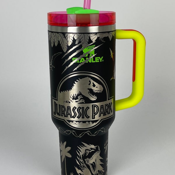 Stanley 40oz Jurassic Park Theme Laser Engraved Neon Black