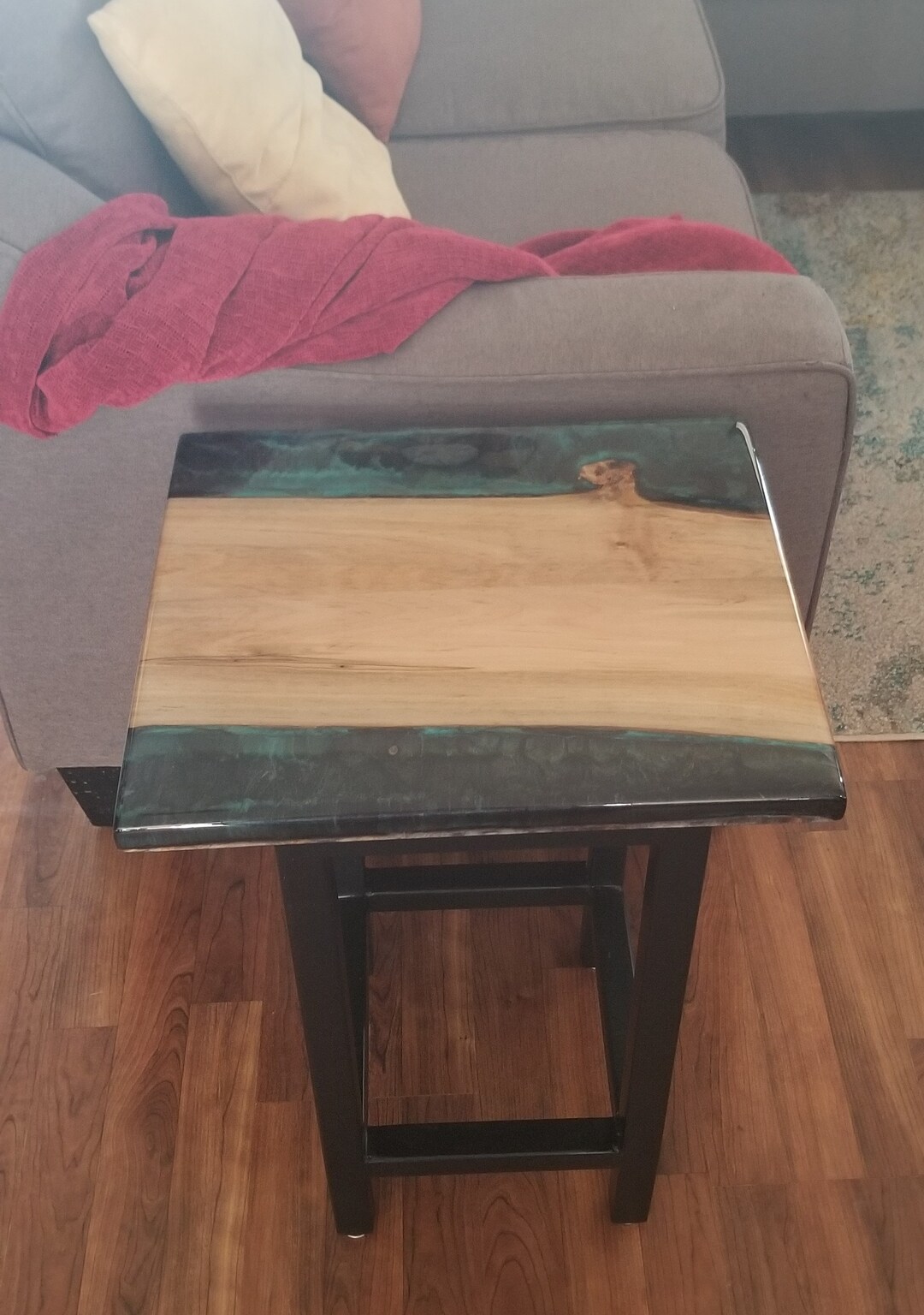 Maple Wood Side Table With Aqua and Grey Resin. Titled Etsy