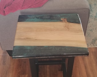 Maple wood Side table with Aqua and Grey Resin.  Titled, "Life's a Beach."