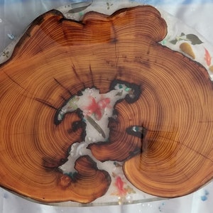 May include: A wooden slice with a natural wood grain pattern, filled with clear resin and embedded with colorful flowers and fish. The resin is clear and glossy, and the flowers and fish are visible through the resin.