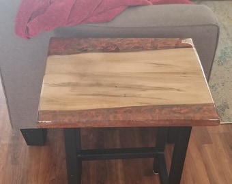 Maple wood Side table with Copper swirls and transparent Grey Resin.