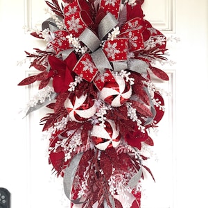 Christmas Swag Wreath For Front Door, Christmas Glam Swag, Glitsy Red Christmas Door Hanger, Christmas Swag Wreath With Red White and Silver