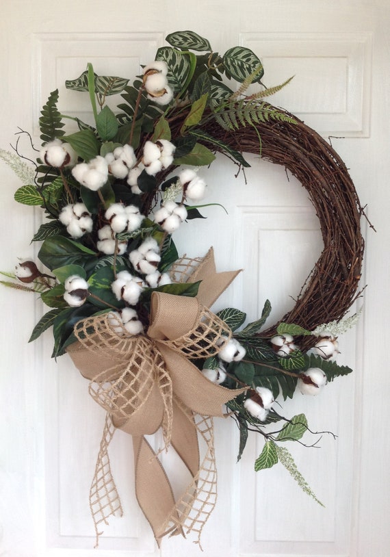 Cotton Wreath Front Door Wreath Farmhouse Wreath Year Round Etsy