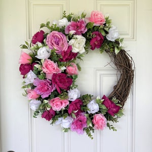 Spring Wreath For Double Front Doors, Spring Door Hanger, Mother&#39;s Day Door Wreath, Summer Wreath For Front Door, Pink Floral Door WreathW
