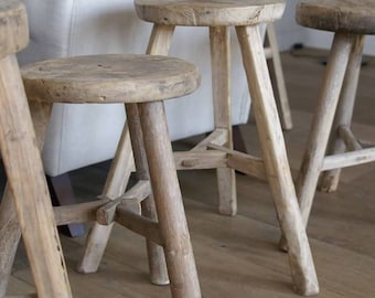 Antique Rustic Round Stool 50cm height | Antique Stools Rustic Stools Elm Stool Weathered Elm Stool vintage round stool