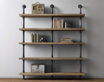 5 Shelf Industrial Chunky Pipe Triple Shelving Unit | Rustic Shelving unit Industrial Shelving Handmade Shelving Unit Industrial furniture