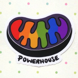 May include: A sticker of a rainbow-colored mitochondrion with the text "POWERHOUSE" below it. The mitochondrion is a bean-shaped organelle found in eukaryotic cells.