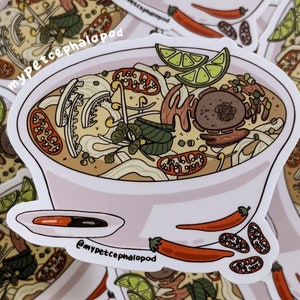 May include: A set of colorful stickers featuring a bowl of Vietnamese pho with various ingredients, including noodles, meat, vegetables, and herbs. The stickers are designed with a white outline and feature the text "@mypetcephalopod".