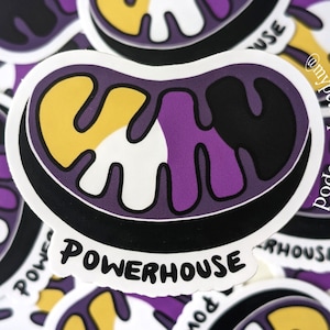 May include: A set of stickers featuring a purple, yellow and black bean-shaped design with the text "POWERHOUSE" on the bottom. The design is reminiscent of a cell organelle, a mitochondrion.