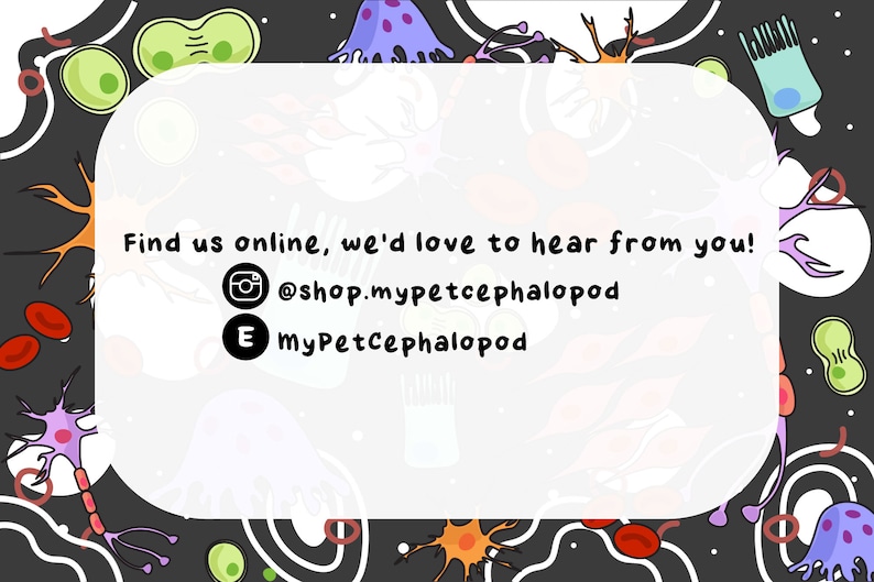 May include: A white card with rounded corners on a black background with colorful illustrations. The card has the text "Find us online, we'd love to hear from you!" followed by an Instagram icon and the text "@shop.mypetcephalopod" and an email icon and the text "myPetCephalopod".