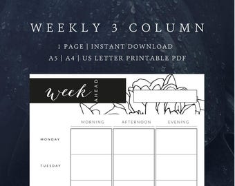 Weekly Planner 3 Columns | Planner Printable | Morning, Afternoon, Evening Planner |  A4/A5/US Letter | Black Ink Only | Evergreen