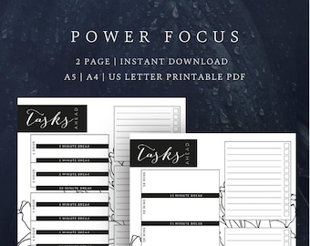 Power Focus Daily Planner Page | Pomodoro Method Planner Printable | Daily Planner |  A4/A5/US Letter