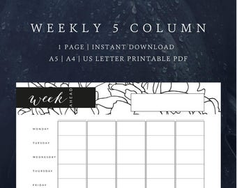 Weekly Planner Page 5 Columns | Planner Printable | Family Planner |  A4/A5/US Letter | Black Ink Only | Evergreen