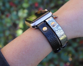 Dünnes Leder-Apple-Watch-Band / 38 mm 40 mm 41 mm / gekreuzt / Metallic-Schwarz-Silber-Braun / Smart Watch Twist / magnetisch echt / verstellbar