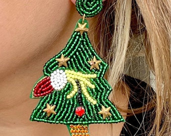 Christmas Tree Grinch Seed Bead Earrings / Christmas Holiday Earrings / Gifts Her / Tacky Sweater / Fun Jewelry / Gifts for Her / XMAS