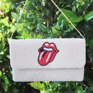 Monedero de lengua con cuentas / Arco iris de marfil negro / Cierre rápido / Correa de hombro de cadena crossbody / Cuentas de semillas / Piedras / Regalos únicos para ella