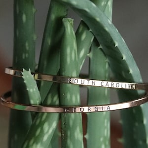 May include: Two gold bracelets stacked on top of each other. The top bracelet says "SOUTH CAROLINA" and the bottom bracelet says "GEORGIA". The bracelets are on a green plant.