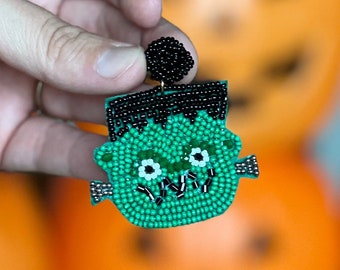 Frankenstein Earrings / Halloween Jewelry / Monster / October 31 / Trick or Treat / Gifts for Her / Beaded Statement Earrings / Dias Los Mue