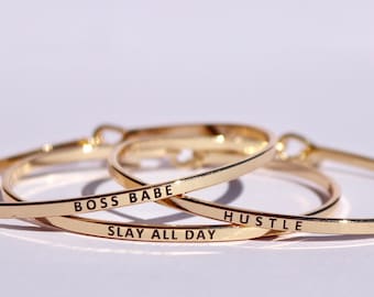 Boss Babe Gold Engraved Bangle Bar Necklace / Hustle / Slay All Day / Girl Power / Boss Gift / Inspirational / Hustler / Gift / Feminist