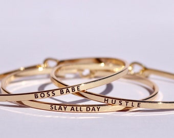 Boss Babe Gold Engraved Bangle Bar Necklace / Hustle / Slay All Day / Girl Power / Boss Gift / Inspirational / Hustler / Gift / Feminist