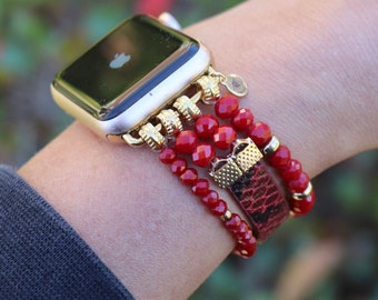 Beaded Apple Watch Band / Snakeskin / 38mm 40mm 41mm Smart Watch Stretch Bracelet / Leather / Magnetic / Choose Color Scheme / Gifts Her