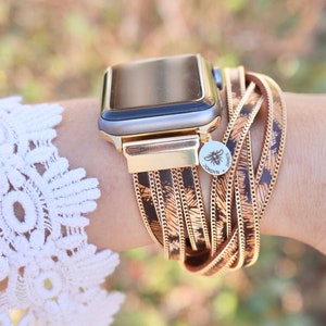Leopard Leather Wrap Watch Band / Compatible with Apple 42mm 44mm 45mm Animal Print Braided Faux Leather One Size Smart Watch Bracelet 13.5”