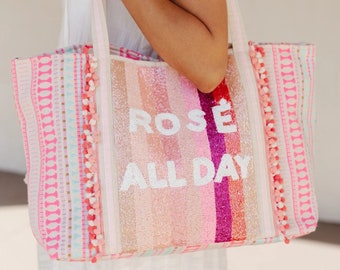 Rose All Day Beaded Beach Bag Purse /Pink Striped / Large Tote / Pom Pom / Handmade / Seed Beads / Unique Gift / White Rosé / Two Straps