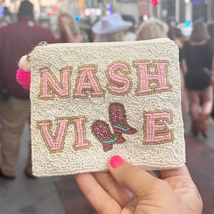 Pink White Nashville Beaded Coin Pouch / Purse / Cowboy / Bridesmaids / Zipper Closure / 5” Gifts for Her / Nashville Bachelorette Trip Bag