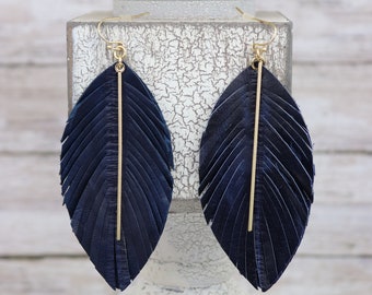 Genuine Leather Feather Earrings with Bar / Leaf / Bohemian Inspired Earrings, Navy, Gray, Teal Olive/ Inspired