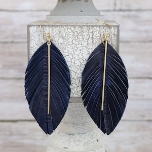 Boucles d&#39;oreilles plumes en cuir véritable avec barre/feuille/Boucles d&#39;oreilles d&#39;inspiration bohème, bleu marine, gris, olive sarcelle/inspiration