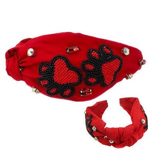 Game Day Paw Print Headband / Gameday Beaded Rhinestone Pearl / Twist Top / Clemson LSU Auburn Tigers UGA / Gameday Apparel / Red Black Blue