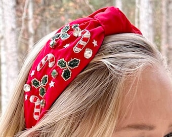 Christmas Headband / Rhinestone Beaded / Knot Top / Xmas  display picture 1