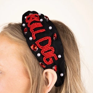 BULLDOG Headband / Game Day Beaded Rhinestone Pearl / Twist Top / Georgia / Gameday Apparel / Red Black / Gifts for Her SIC EM Woof Woof