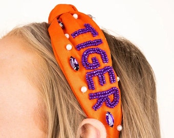 TIGER Headband / Game Day Beaded Rhinestone Pearl / Twist Top / Clemson LSU Auburn Tigers / Gameday Apparel / Gifts for Her / Orange Purple