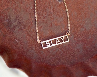 SLAY FEMINIST BADASS Necklace / 14K Gold Dipped / Brass Bar / Laser Cut / Boss Babe / Gift For Her / Slay All Day Girl Gifts / Motivational