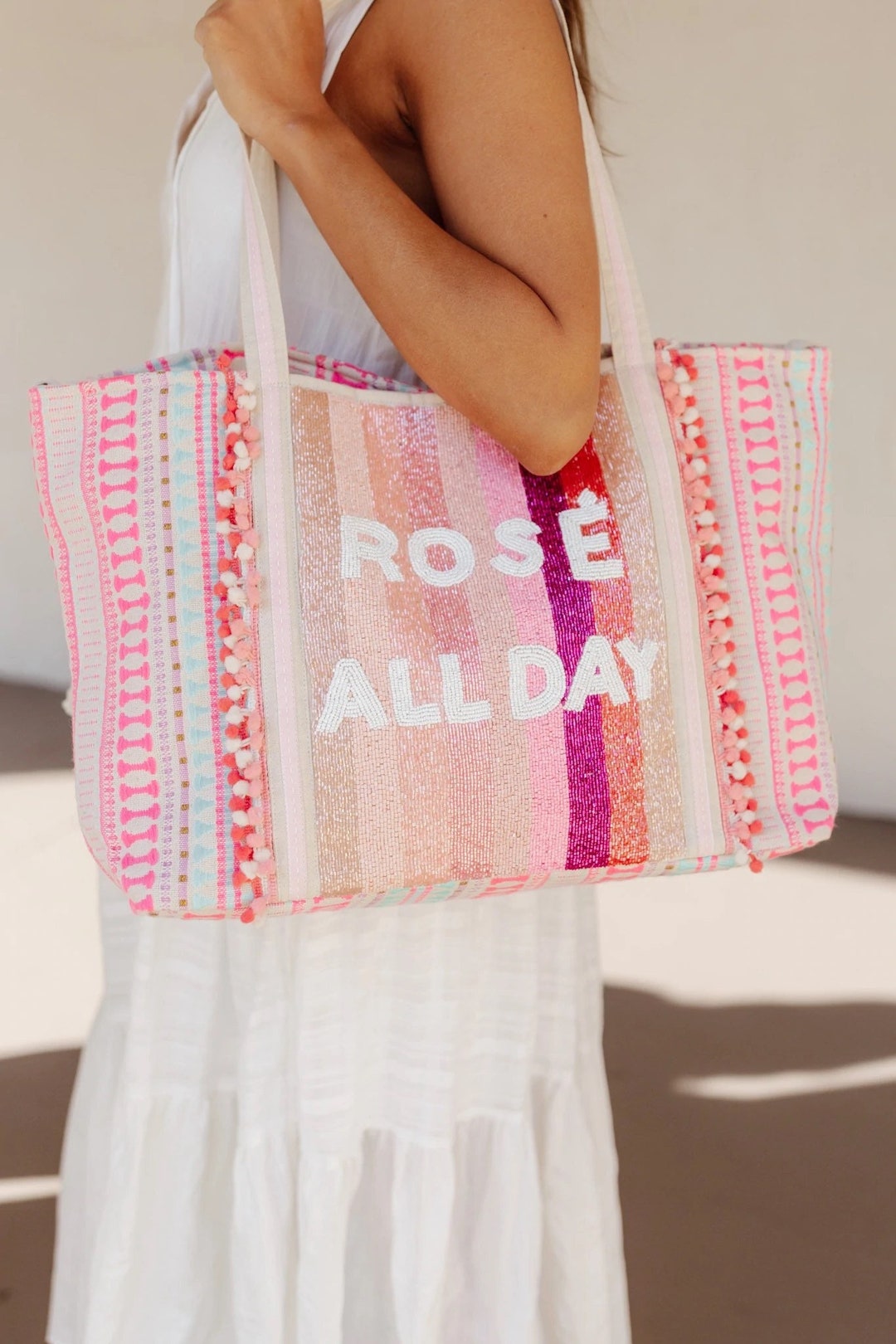 Rose All Day Beaded Beach Bag Purse /pink Striped / Large Tote / Pom ...
