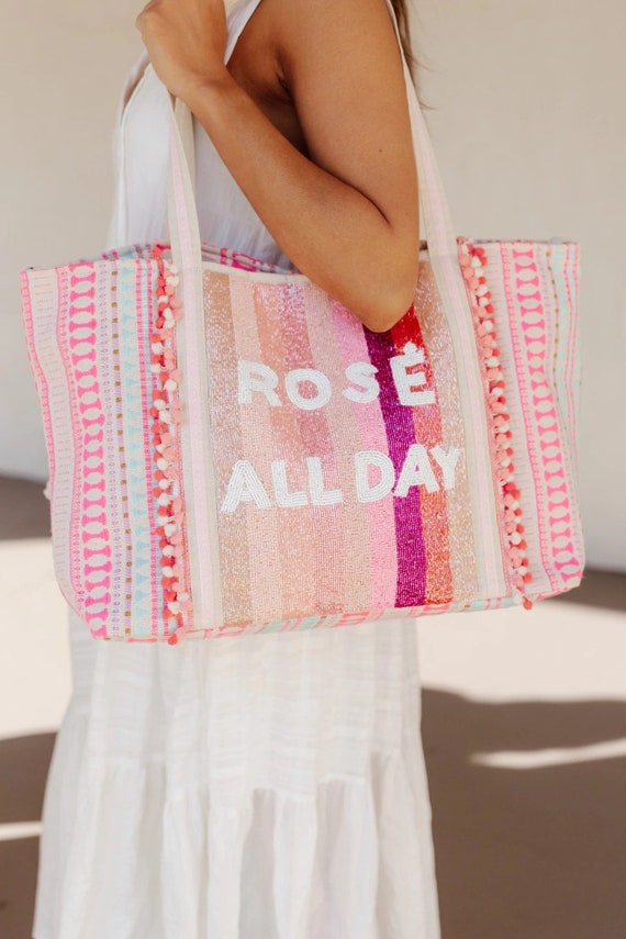 Rose All Day Beaded Beach Bag Purse /pink Striped / Large Tote 
