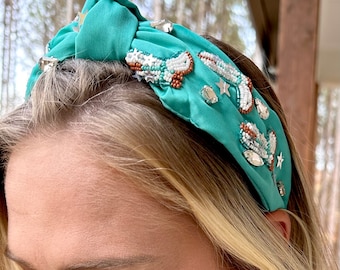 Cowgirl Boots Headband / Turquoise White / Knot Knotted  display picture 1