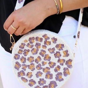 White Leopard Round Beaded Bag Purse Crossbody / Zipper Closure / Handmade Seed Beads Gold Hardware / Unique Gifts for Her / Removable Strap