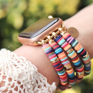 Rainbow Watch Band / Compatible with Apple Watch / Clay Beaded / Multicolor / 38mm 40mm 41mm LARGE / Smart Watch Stretch Bracelet / Magnetic