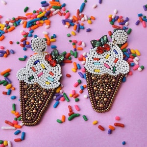 Beaded Ice Cream Earrings / Kitschy / Seed Bead Rhinestone / Statement Jewelry / Ice Cream Cone / Gifts for Her Summer Earrings / Treat