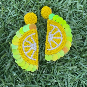 Fruit Slice Earrings / Lemon Orange / Lime / Seed Bead Sequins / Fruit Jewelry / Summer Inspired / Kitschy Piece / Gifts for Her / Statement