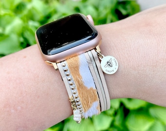 Cow Watch Band / Compatible with Apple / 38mm 40mm 41mm / Animal Print Cowhide / Freshwater Pearl / One Size Smart Watch / Magnetic