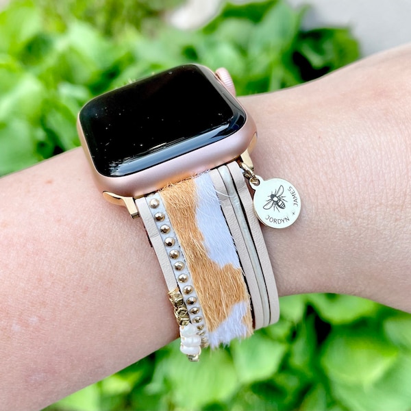 Cow Watch Band / Compatible with Apple / 38mm 40mm 41mm / Animal Print Cowhide / Freshwater Pearl / One Size Smart Watch / Magnetic