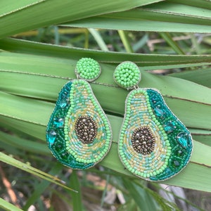 Avocado Earrings / Seed Beads and Rhinestone / Guacamole / Statement Jewelry / Kitschy Jewelry / Gifts for Her / Cute Fun Earring / Kitschy